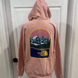 Ladies North Face Pink Hoodie with Mountain Design